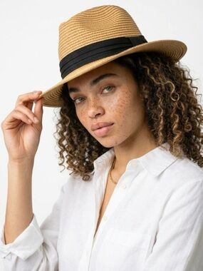 Straw Fedora Hat with Black Band - Tan